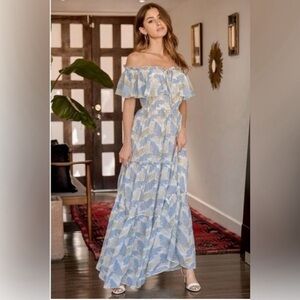 LULU,S Maxi Dress , White and light Blue leaf print Off-the-shoulder XL